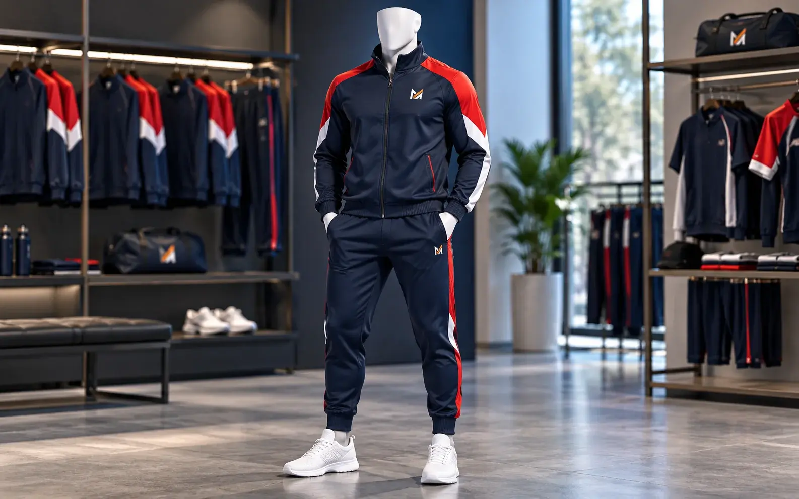 Navy blue athletic jogging suit with red and white contrast panels and Mega Apparel logos, displayed on a faceless mannequin in a modern team sportswear showroom.